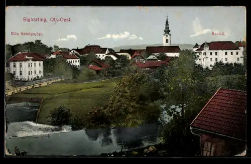 AK Sigharting /Ob.-Oest., Villa Kalchgruber, Schloss, Kirche