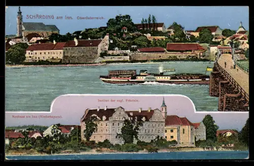 AK Schärding am Inn, Panorama mit Inn, Brücke und Institut der engl. Fräulein
