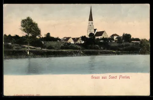 AK St. Florian, Flusspartie mit Kirche