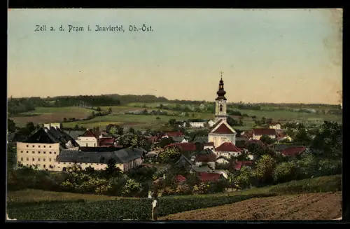 AK Zell a. d. Pram, Ortsansicht mit Kirche und Feld
