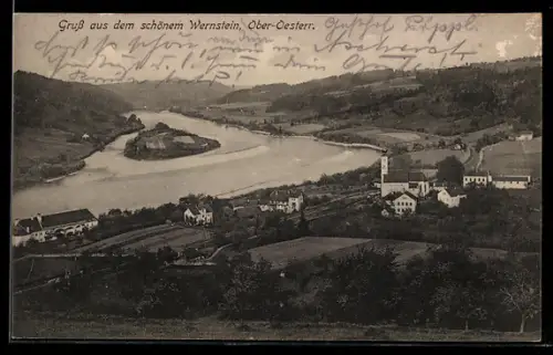 AK Wernstein /Ob. Öst., Panorama mit Fluss und Kirche