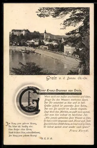 AK Grein a. d. Donau, Grüner Kranz-Brunnen und Donau-Panorama