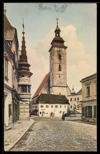 AK Grein a. d. Donau, Hauptplatz mit Kirche