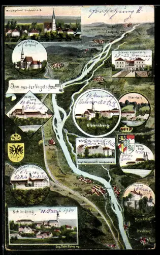 AK Schärding, Inn aus der Vogelschau mit Ortsvignetten, Obernberg, Vormbach und Neuburg
