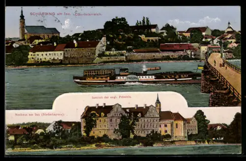 AK Schärding am Inn, Panorama mit Innbrücke, Institut der engl. Fräulein