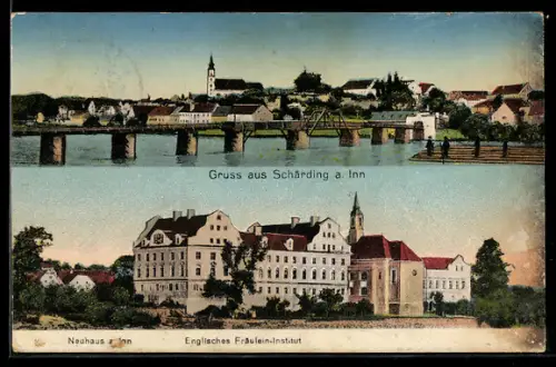 AK Schärding a. Inn, Panorama mit Innbrücke und Ort