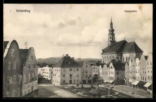 AK Schärding, Hauptplatz mit Kirche und Brunnen