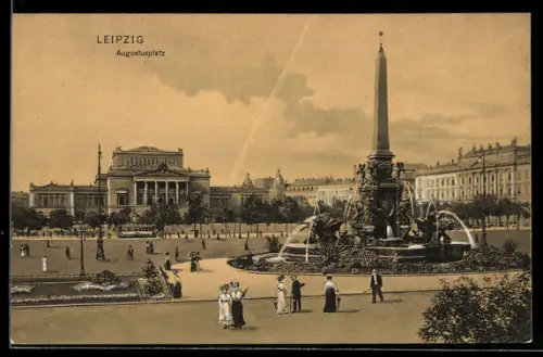 AK Leipzig, belebter Augustusplatz mit Kunstbrunnen