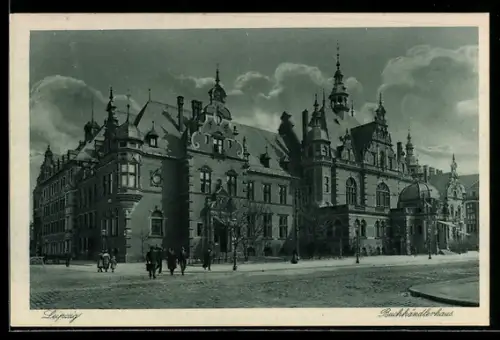 AK Leipzig, Buchhändlerhaus mit Strassenpartie
