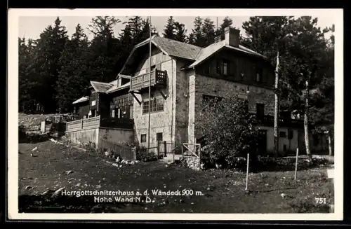 AK Herrgottschnitzerhaus an der wandeck, Aussenansicht der Berghütte an der Hohen Wand