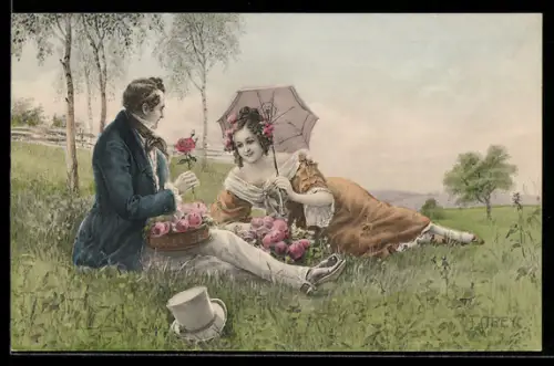 Künstler-AK M. Munk Nr. 722: Elegantes Paar mit Rosen auf einer Wiese, Schirm, Zylinder