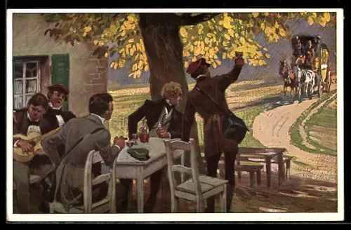 Künstler-AK P. Hey, Volksliederkarte Nr. 33: Burschenschaftler feiern vor einem Gasthaus, Postkutsche