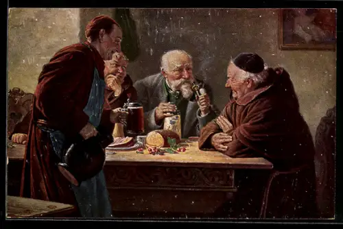 Künstler-AK Degi Nr. 1135: Starker Tabak, Männer im Gasthaus, Ölgemälde-Imitations-AK