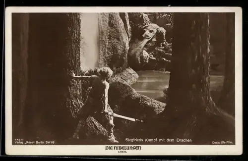 AK Die Nibelungen, I. Teil, Siegfrieds Kampf mit dem Drachen, Begegnung der Kontrahenten