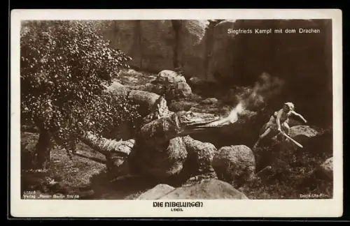 AK Szene mit Siegfried im Kampf gegen den Drachen aus dem Film Die Nibelungen