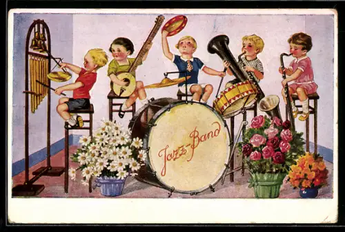 AK Jazz-Band mit kleinen Musikern spielt auf, Blumen