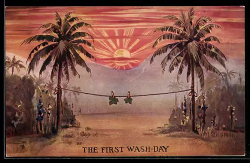 Künstler-AK the First Wash-Day, Blätter trockten auf einer Wäscheleine