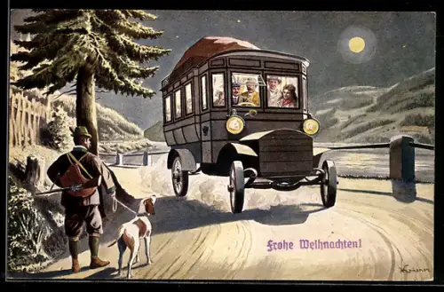 AK K. K. Automobilpost 1908, Jäger begegnet dem vollbesetzten Bus, Nacht, Schnee, Vollmond, Weihnachtsgruss