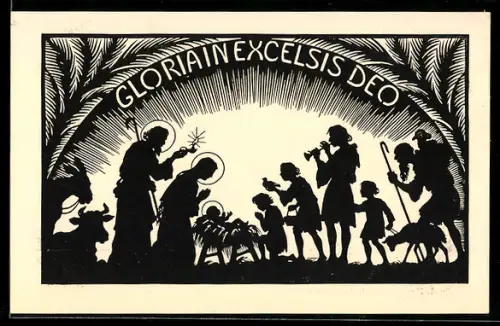 Künstler-AK Josefine Allmayer: Gloria in Excelsis Deo, Krippe mit Christkind und Besuchern, Scherenschnitt