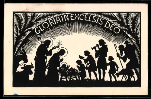 Künstler-AK Josefine Allmayer: Gloria in Excelsis Deo, Krippe mit Christkind und Besuchern, Scherenschnitt