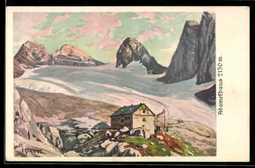 Künstler-AK Adamekhaus, Berghütte am grossen Gosaugletscher
