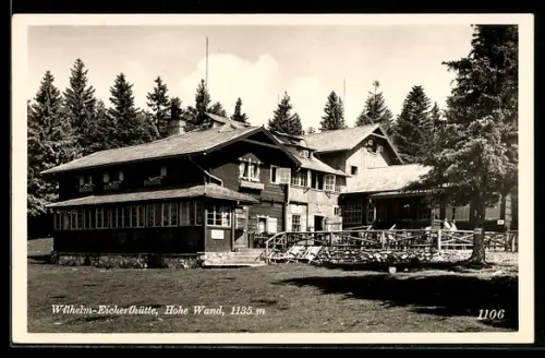 AK Wilhelm Eichert Hütte, Hohe Wand, Gäste vor der Hütte