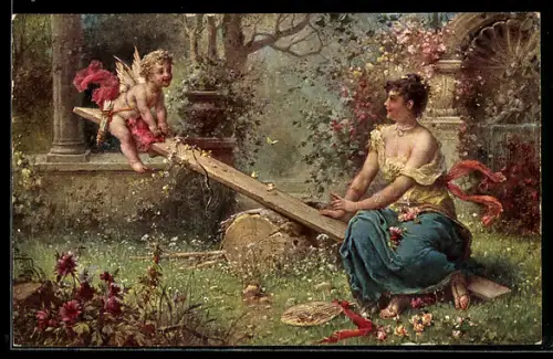 Künstler-AK Hans Zatzka: Dame im Park mit Amor auf einer Wippe