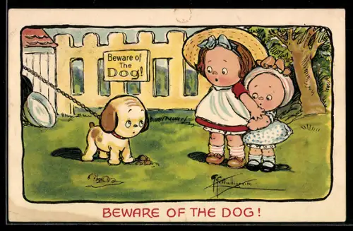 Künstler-AK sign. Weidersheim: Beware of The Dog!, Zwei keine Mädchen stehen vor einem Hund