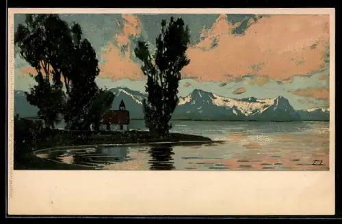 Künstler-AK Ernst Liebermann: Landschaft mit Bäumen und Kapelle am See