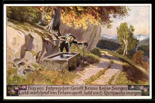 Künstler-AK P. Hey, Volksliederkarte Nr. 81: Bin ein fahrender Gesell, kenne keine Sorgen, Wanderer an einer Quelle