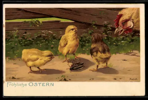 Künstler-AK Alfred Mailick: Drei Küken mit Maikäfer