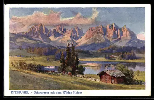 Künstler-AK Edward Harrison Compton: Kitzbühel, Totale vom Schwarzsee mit dem Wilden Kaiser