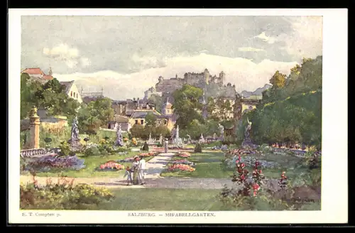 Künstler-AK Edward Theodore Compton: Salzburg, Mirabellgarten, Familie bei einem Spaziergang durch den Garten