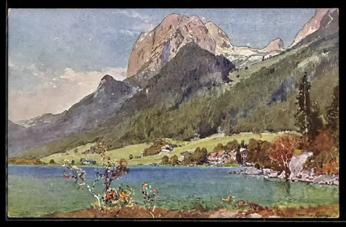 Künstler-AK Edward Harrison Compton: Hintersee, Ortsansicht mit dem Mühlsturz Hörner