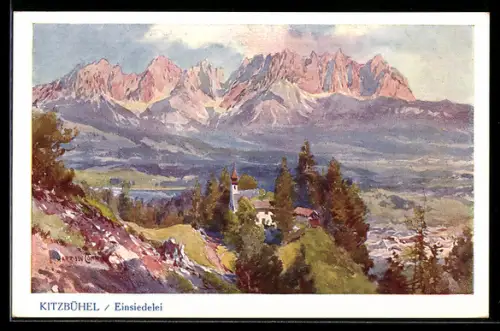 Künstler-AK Edward Harrison Compton: Kitzbühel, Einsiedelei mit Gebirgspanorama