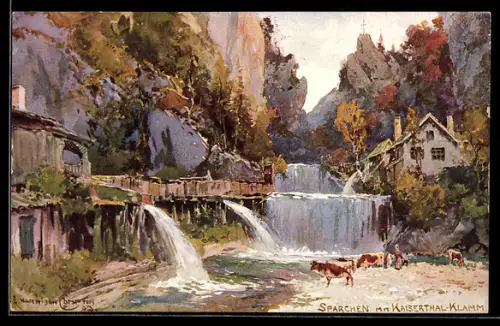 Künstler-Lithographie Edward Harrison Compton: Sparchen, Partie mit Kaiserthal-Klamm