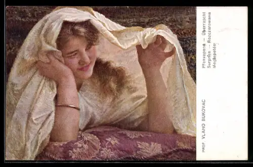 Künstler-AK Überrascht, junge Dame mit einem Tuch, Jugendstil