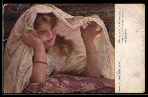 Künstler-AK Überrascht, junge Dame mit einem Tuch, Jugendstil