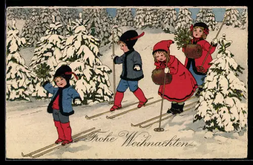 AK Weihnachtsgrüsse, Kinder auf Skiern