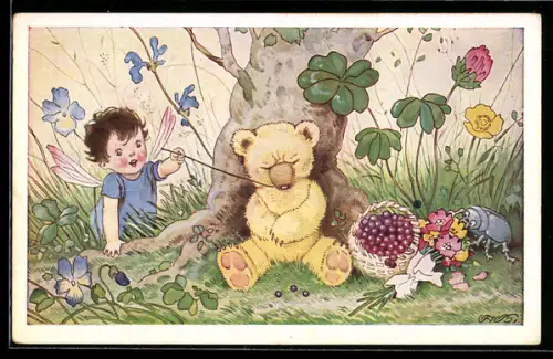 Künstler-AK Fritz Baumgarten: Teddybär mit Weintraubenkorb und Schmetterlingskind