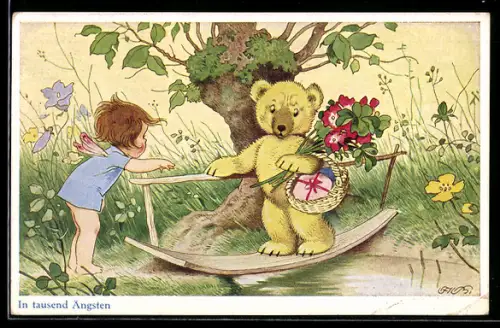 Künstler-AK Fritz Baumgarten: In tausend Ängsten, Kleine Elfe und Teddy an einer Brücke
