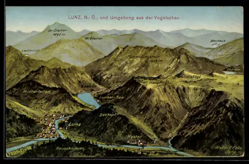 AK Lunz, Ortspartie und Umgebung aus der Vogelschau, Kl. Hetz Kogl