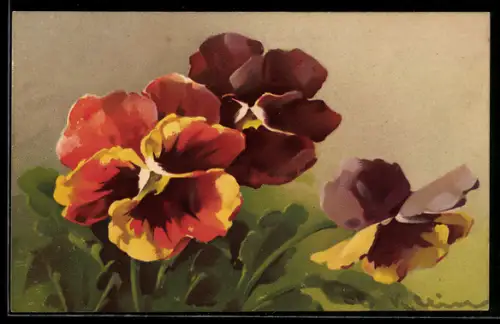 Künstler-AK Catharina Klein: Violette und rotes Stiefmütterchen