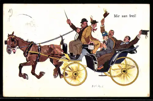 Künstler-AK Fritz Schönpflug: Feiernde im Pferdewagen