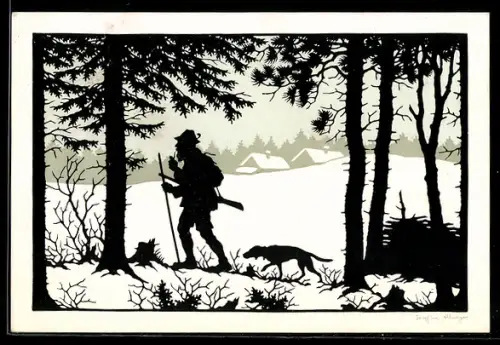 Künstler-AK Josefine Allmayer: Jäger mit Hund auf der Pirsch