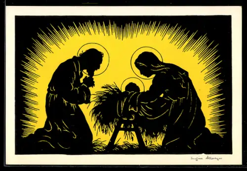 Künstler-AK Josefine Allmayer: Krippenbild im Lichtschein, Weihnachtsgruss, Scherenschnitt