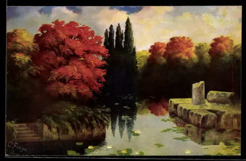 Künstler-AK G. Fiebiger: Waldesfrieden, Herbstliche Bäume am See mit Seerosen