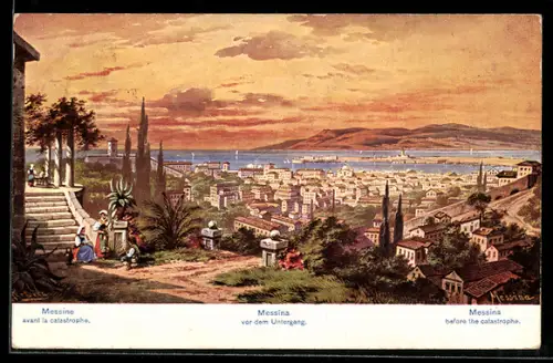 Künstler-AK Friedrich Perlberg: Messina, Stadtpanorama im Abendlicht