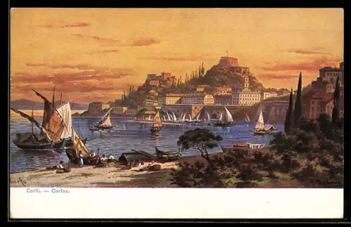 Künstler-AK Korfu, Ortsansicht mit Festung und Hafen, kleine Segelboote