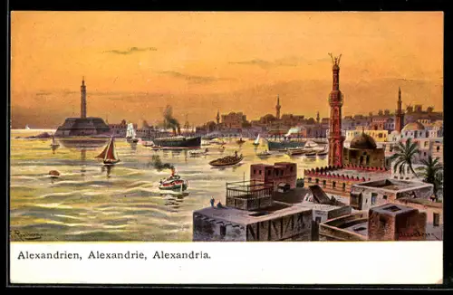 AK Alexandria, Hafeneinfahrt mit Leuchtturm